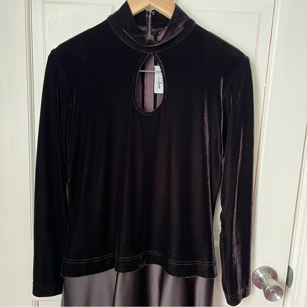 Tadashi Shoji Vintage Velvet Mock Neck Dress Gown 16 Chocolate Brown Black Tie - Picture 3 of 12